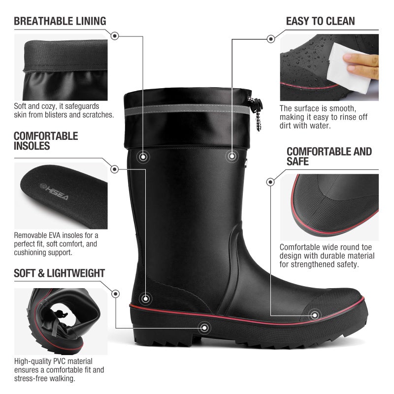 HISEA Men's Rubber Rain Boots Waterproof Durable Non Slip Mid Calf Boots for Garden Fishing Outdoor with Adjustable Closure - Image 4