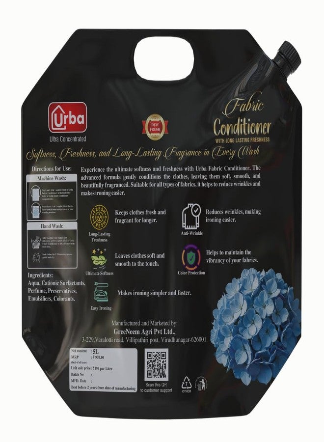 Urba Ultra Concentrated Fabric Conditioner (Fabric Softener), 5 Litre, DEW FRESH, Long Lasting Freshness, After Wash Fabric Conditioner, Super Saver Pack - Image 2