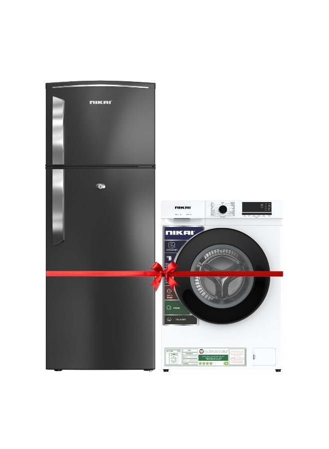 NIKAI ثلاجة نيكاي 280 لتر ذات بابين علوية NRF280DN5S1 (رمادي داكن) + غسالة تحميل أمامي 7 كجم 16 برنامج NWM701FN9 (أبيض) حزمة الأجهزة المنزلية النهائية | غاز R600A، تبريد صامت، 16 برنامج، غسيل بالبخار، 1000 دورة في الدقيقة - Image 1