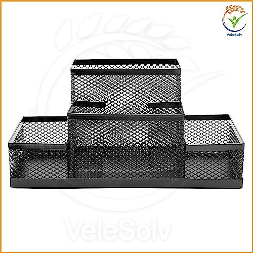 VeleSolv Pen Stand, Black 4-Compartments Metal Mesh Pen-Pencil Stationary Tool Desk Organizer - Image 3