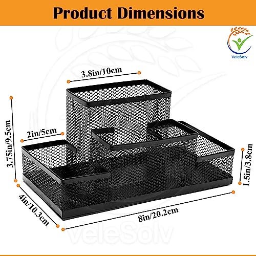 VeleSolv Pen Stand, Black 4-Compartments Metal Mesh Pen-Pencil Stationary Tool Desk Organizer - Image 2