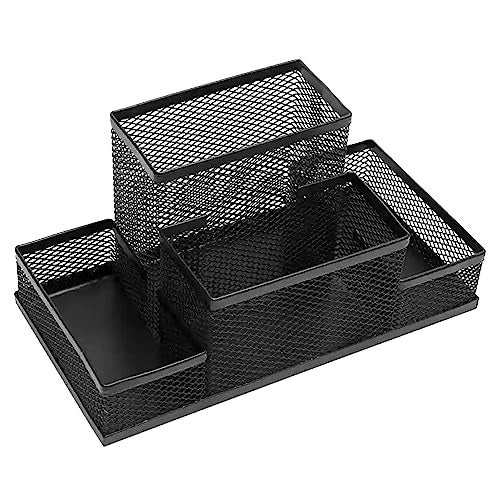 VeleSolv Pen Stand, Black 4-Compartments Metal Mesh Pen-Pencil Stationary Tool Desk Organizer - Image 1