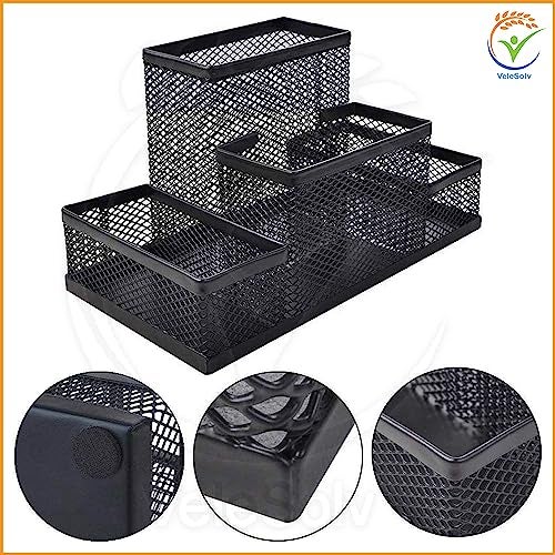 VeleSolv Pen Stand, Black 4-Compartments Metal Mesh Pen-Pencil Stationary Tool Desk Organizer - Image 4