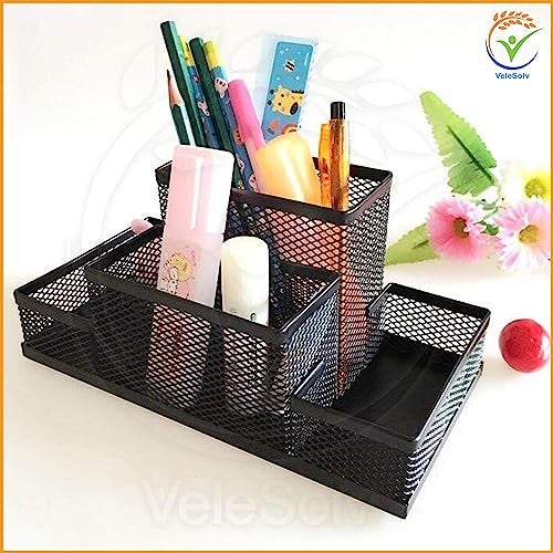 VeleSolv Pen Stand, Black 4-Compartments Metal Mesh Pen-Pencil Stationary Tool Desk Organizer - Image 5