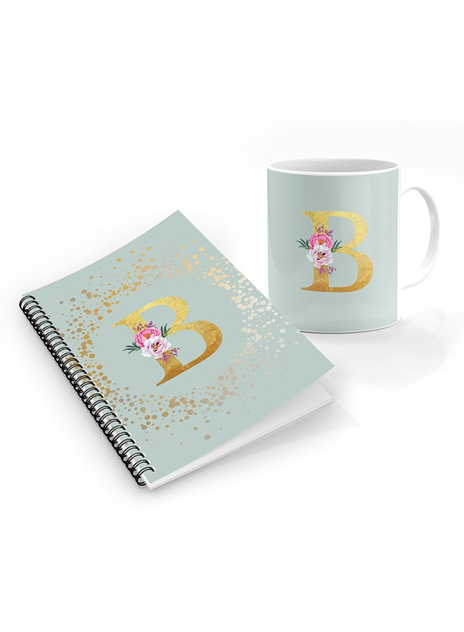 Stylizedd Printed Coffee Mug + A5 Spiral Notebook Memo Personalised Combo Gift Set -Custom Monogram Initial Letter Floral Pattern Alphabet - B  ( Light Green )