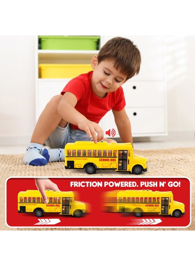 ArtCreativity Yellow School Bus Toy with Flashing Lights & Sound, Friction Powered 1/16 Scale School Bus Toy for Kids with 4 Different Sounds & Lights, Back and Side Doors Open, for Ages 2-4+ - Image 4
