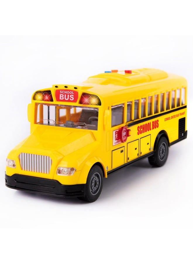 ArtCreativity Yellow School Bus Toy with Flashing Lights & Sound, Friction Powered 1/16 Scale School Bus Toy for Kids with 4 Different Sounds & Lights, Back and Side Doors Open, for Ages 2-4+ - Image 1