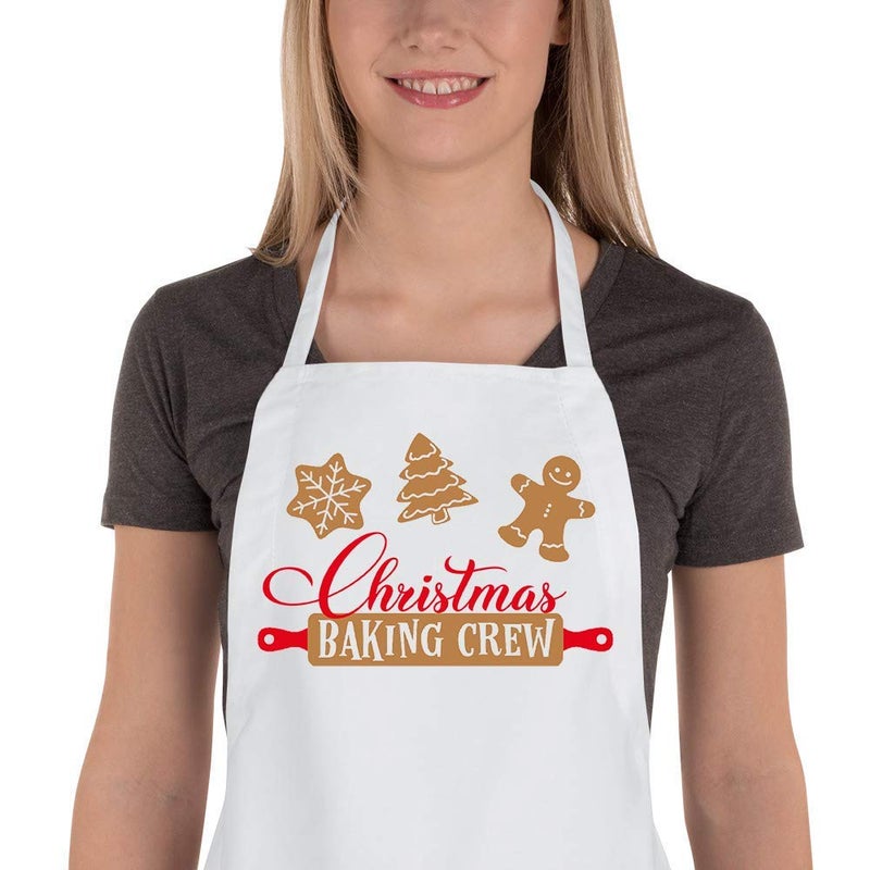 Funny Christmas Baking Apron for Women Men Holiday Baking Gifts for Bakers White Xmas Kitchen Chef Cooking Aprons with 2 Pockets Cute Christmas Apron Gift Stocking Stuffers Christmas Baking Crew
