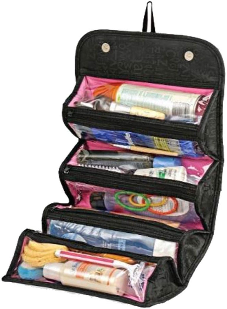 Makeup Bag Cosmetic Hanging Organizer Roll N Go Roll Up Foldable Clear Case Pouch Toiletry Organizer Multifunction Large Capacity for Cosmetics, Jewelry, Travel Accessories, Electronics(Black)
