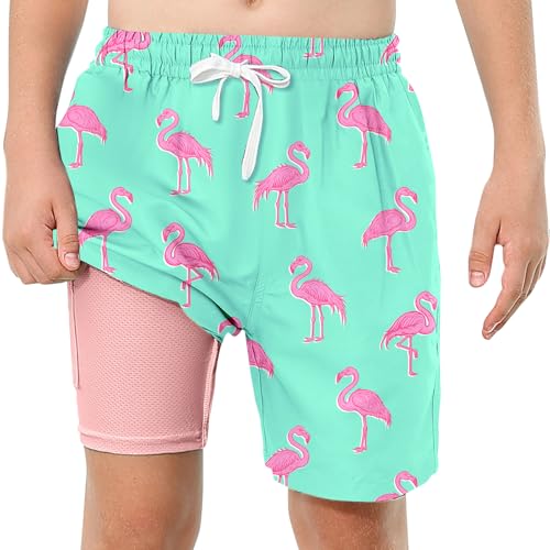 ZenGents Boys Swim Trunks Size 10-12 Flamingo Swimwear Swim Shorts with Compression Liner Swimsuit Teen Boys Bathing Suit Size 10-12 Swimming Trunks for Kids - Image 1