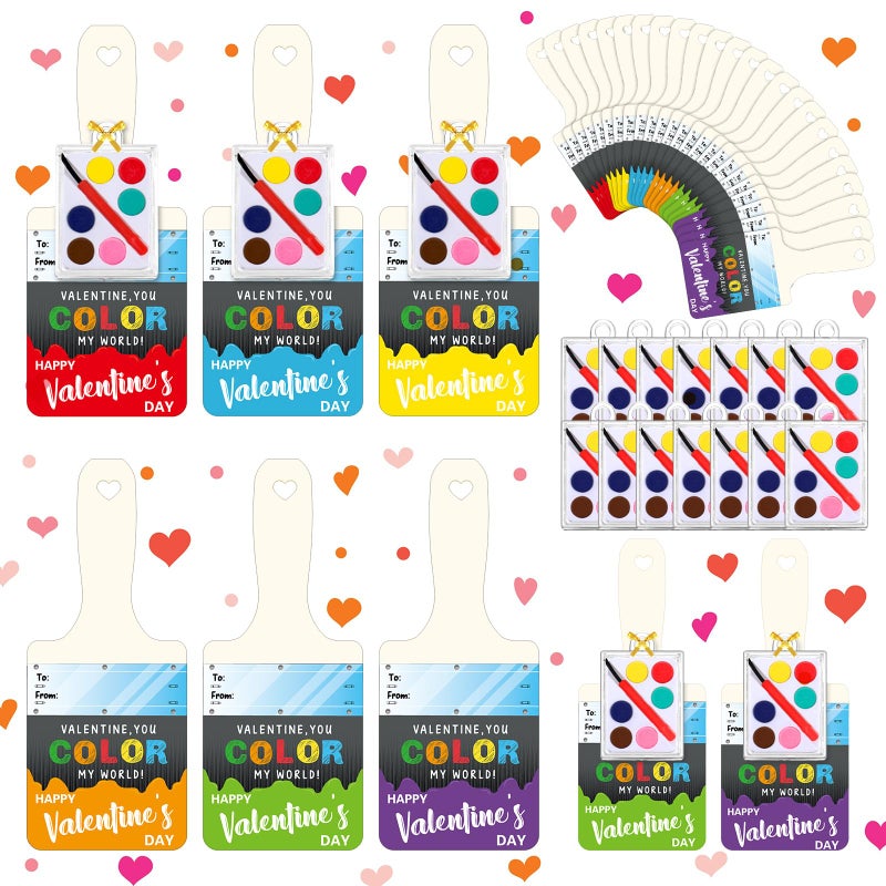 Noveread 24 Set Valentine's Day Gifts for Kids Watercolor Paint Sets with Cards Heart Shaped Watercolor Paint Sets for Kids Class Valentines Party Favors School Classroom Exchanges Gift(Fresh Style) - Image 1