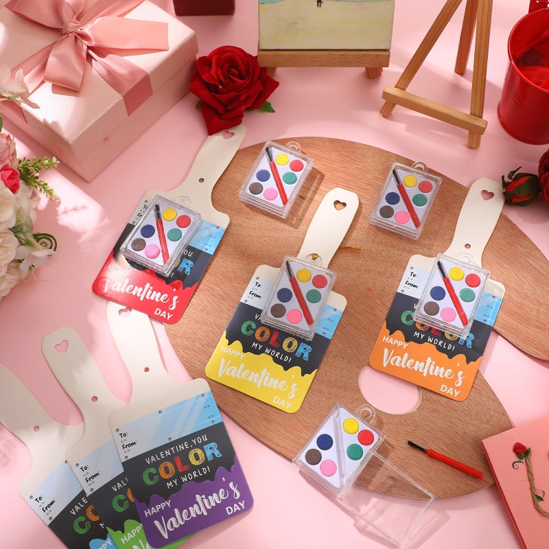 Noveread 24 Set Valentine's Day Gifts for Kids Watercolor Paint Sets with Cards Heart Shaped Watercolor Paint Sets for Kids Class Valentines Party Favors School Classroom Exchanges Gift(Fresh Style) - Image 2