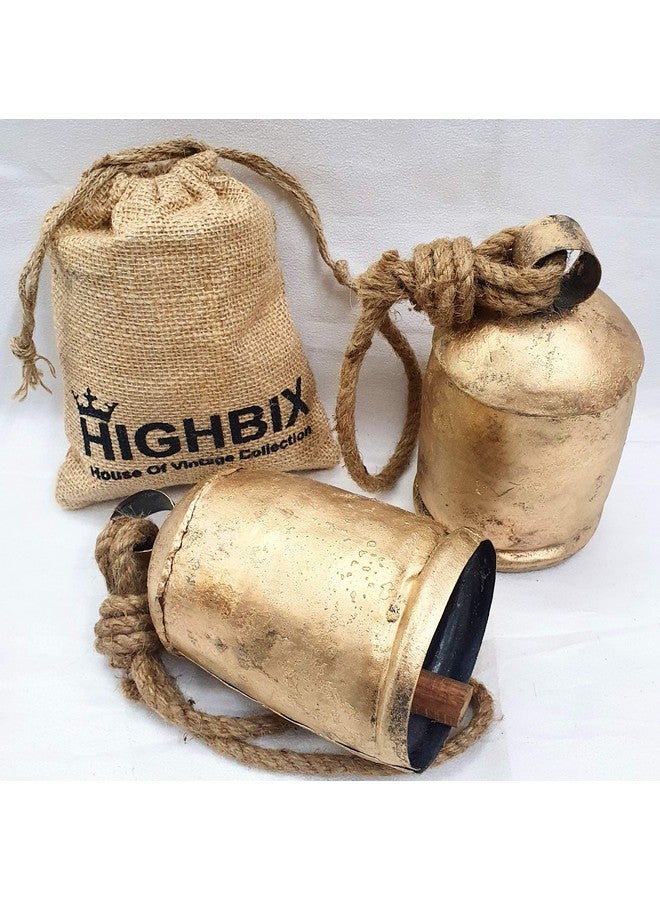 HIGHBIX 16cm Large Handmade Rustic Vintage Lucky Cow Bells Set of 5 On Rope with Jute Bag Wall Hanging Décor - Image 2