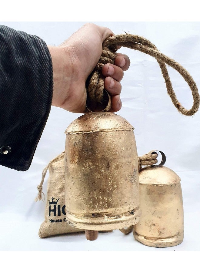 HIGHBIX 16cm Large Handmade Rustic Vintage Lucky Cow Bells Set of 5 On Rope with Jute Bag Wall Hanging Décor - Image 3