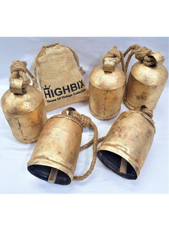 HIGHBIX 16cm Large Handmade Rustic Vintage Lucky Cow Bells Set of 5 On Rope with Jute Bag Wall Hanging Décor - Image 1