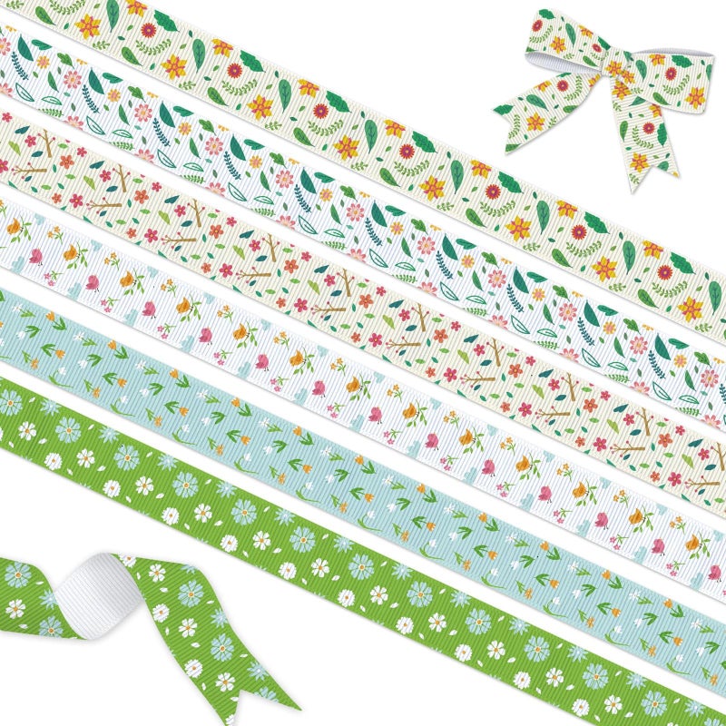 YKW Spring Grosgrain Ribbon, 6 Pack (5/8 Inch x 3 Yards Each), Floral Bird Ribbon, Garden Theme Craft Ribbons for Gift Wrapping Wedding Party Home Decoration DIY Projects - Image 1
