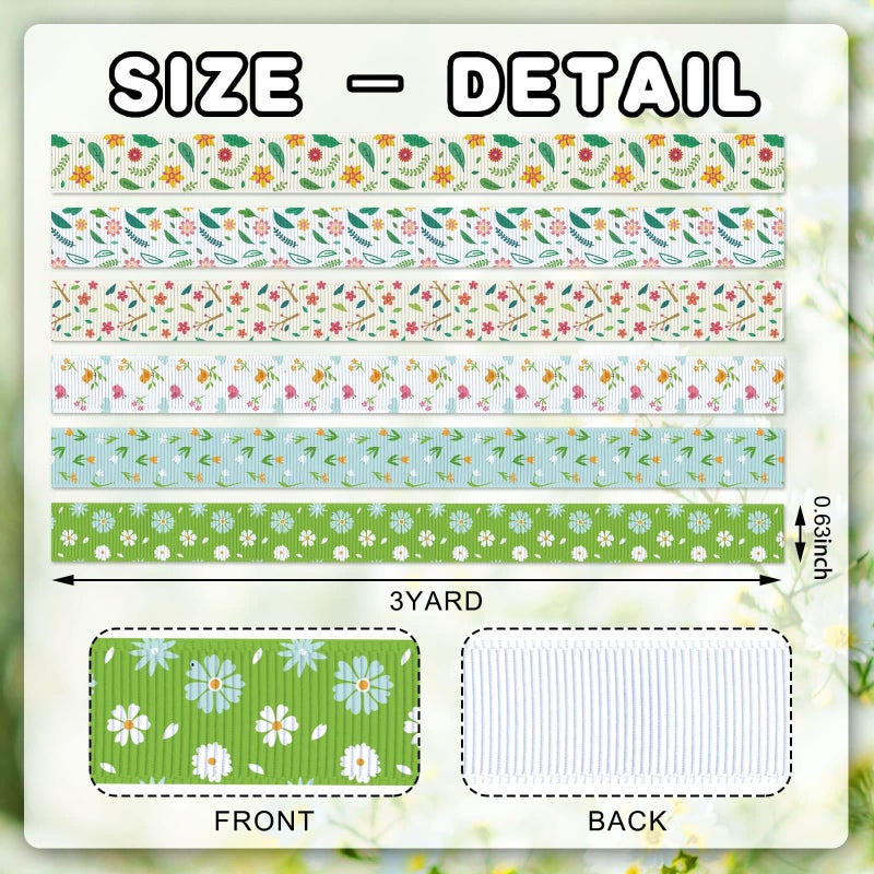 YKW Spring Grosgrain Ribbon, 6 Pack (5/8 Inch x 3 Yards Each), Floral Bird Ribbon, Garden Theme Craft Ribbons for Gift Wrapping Wedding Party Home Decoration DIY Projects - Image 2