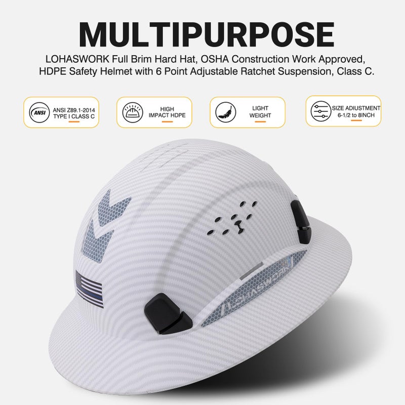 LOHASWORK Full Brim Hard Hat Construction OSHA Approved Vented Hard Hat Cascos De Construccion 6 Point Adjustable Ratchet Suspension Matte White Graphite Pattern - Image 2