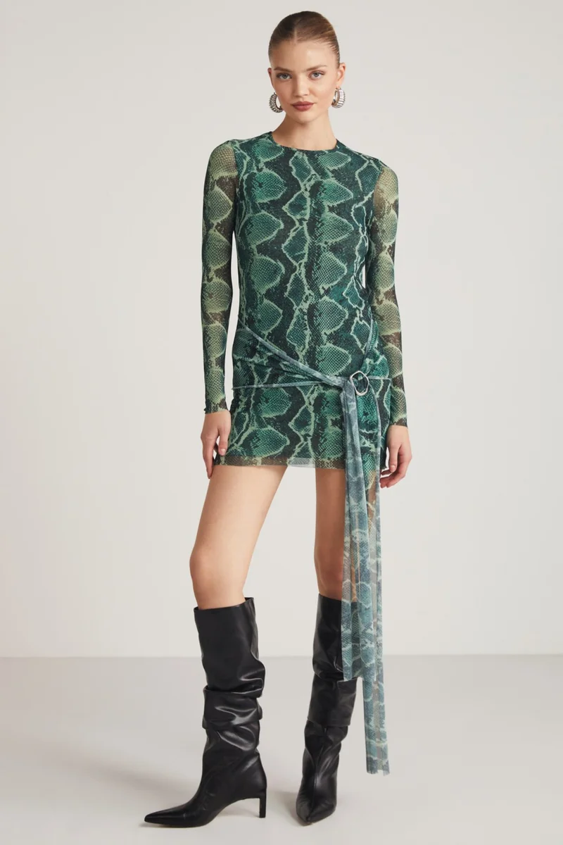 جريميلانج Marian Women's Long Sleeve Waist Belt Tie Detail Tulle Green Dress