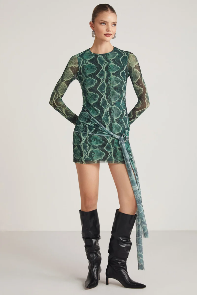 جريميلانج Marian Women's Long Sleeve Waist Belt Tie Detail Tulle Green Dress