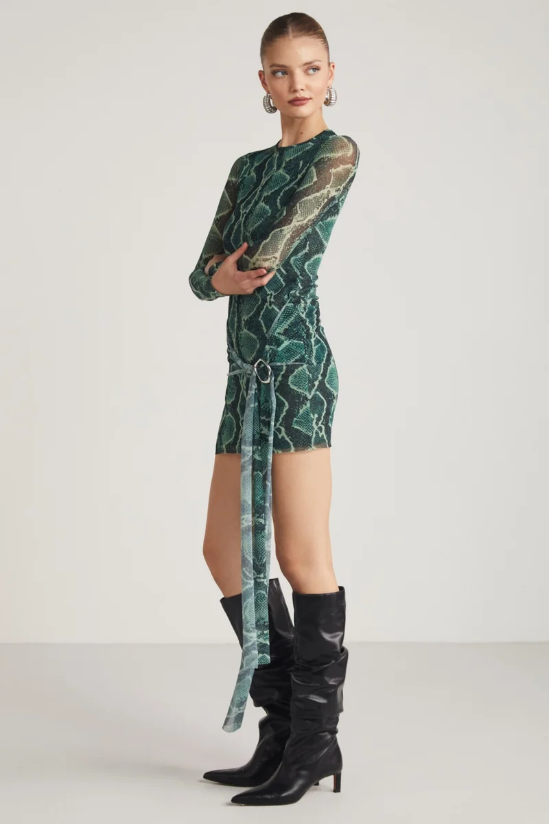 جريميلانج Marian Women's Long Sleeve Waist Belt Tie Detail Tulle Green Dress