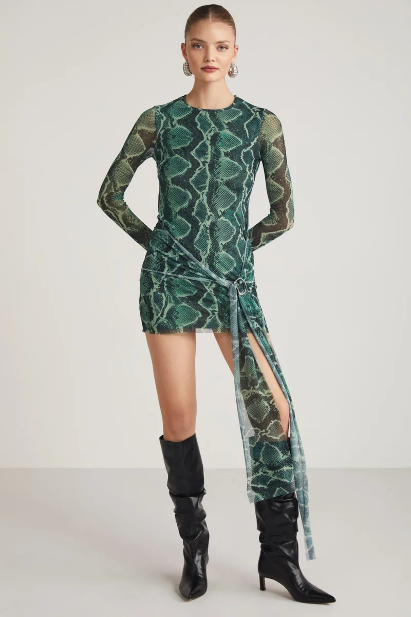 جريميلانج Marian Women's Long Sleeve Waist Belt Tie Detail Tulle Green Dress