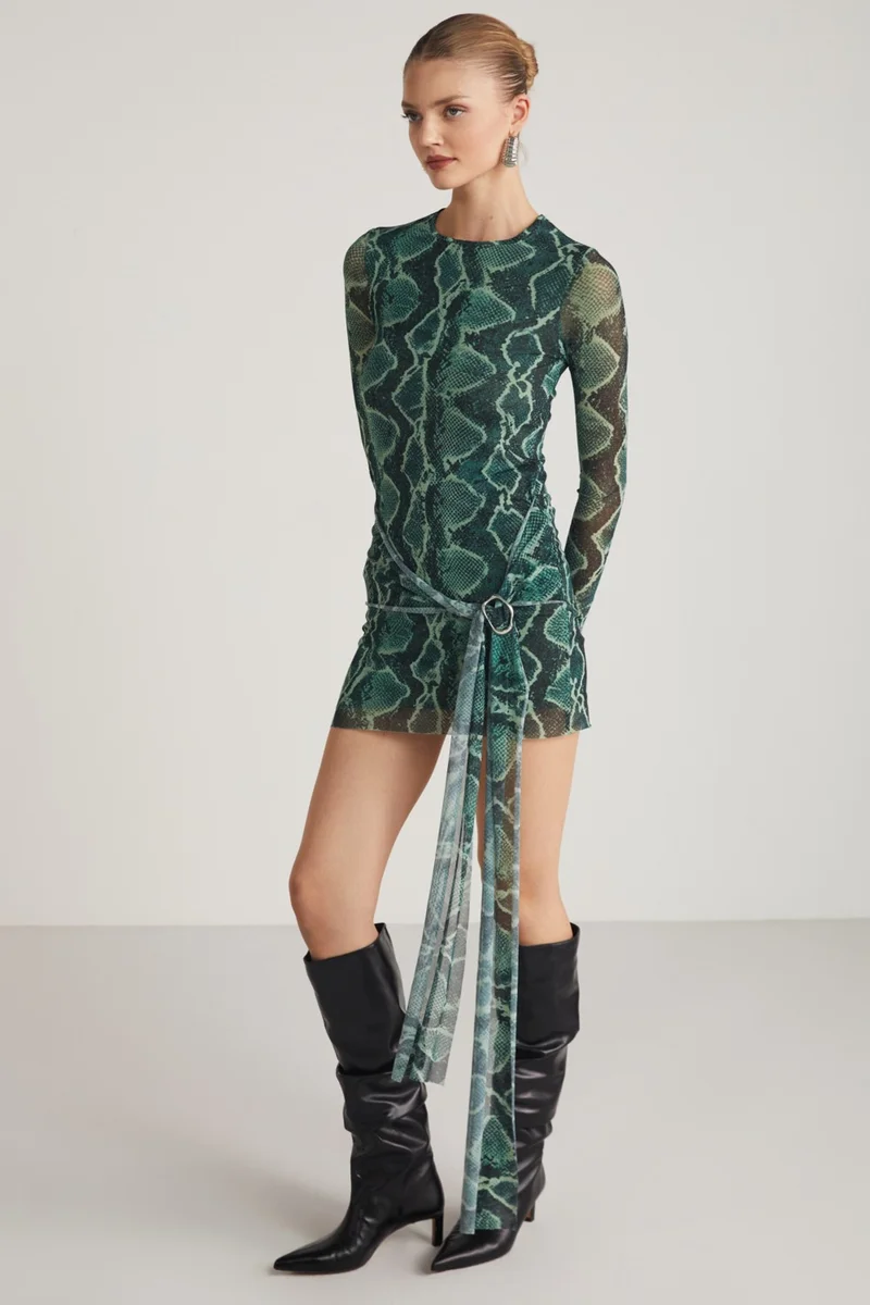 جريميلانج Marian Women's Long Sleeve Waist Belt Tie Detail Tulle Green Dress