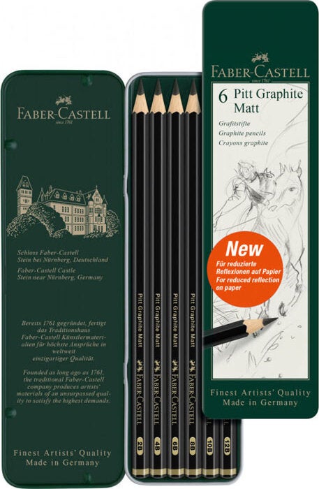 Faber Castell Pitt Graphite Matt Graded Pencil Sketching Drawing Charcoal Set 6 Pieces Metal Box