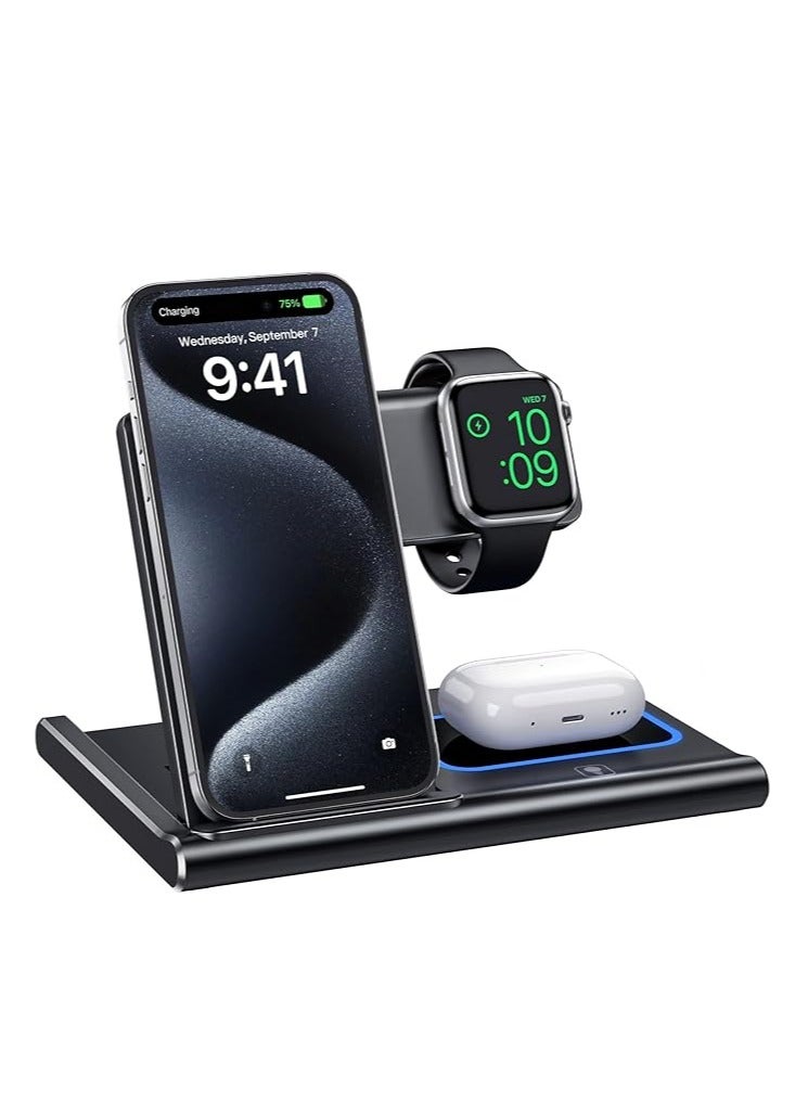 General Wireless charging dock, 3-in-1 foldable fast charging dock, wireless charger stand/suitable for mobile phones/headphones/watches, black color  - Image 1