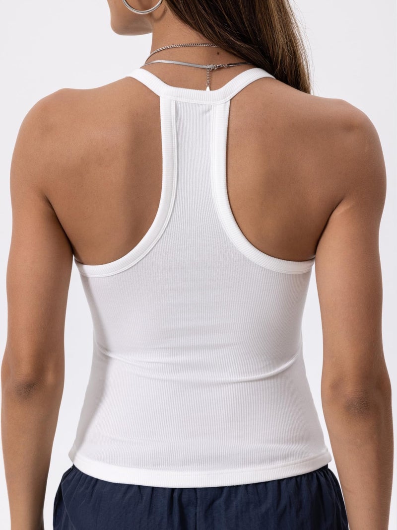 Danysu V Neck Racerback Tank Top for Women with Built in Bra Ribbed Long Tank Fitted Basic Cami Tops Angel White M - Image 2