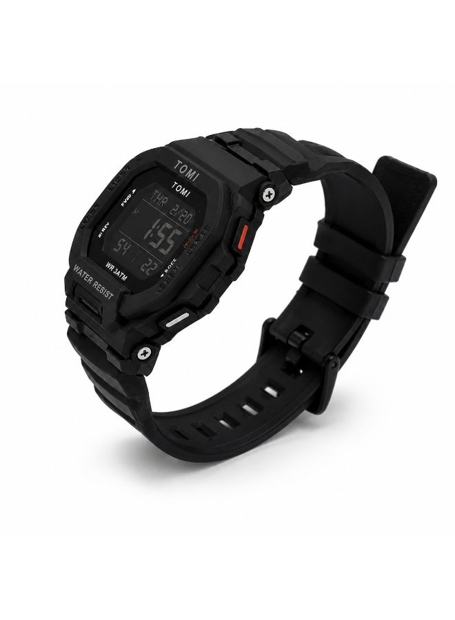 TOMI Blaze TM2020 Digital Sports Watch for Men – 3ATM Water Resistant, LED Backlight, Multi-Function Military Style Silicone Strap Wristwatch –  Black - Image 4