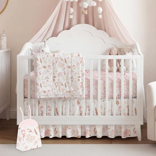 Hahafelt 4 Pieces Crib Bedding Set for Girls and Boys Soft Baby Bedding Set Including Crib Skirt Comforter Sheet and Diaper Stacker for Nursery Floral Theme - Image 1