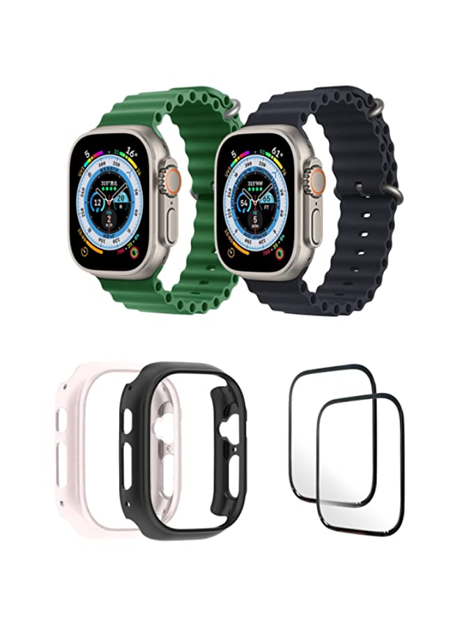 IAF Silicone Ocean Band Strap for Apple Watch Ultra 8 49mm Green/Black , Case Compatible with Apple Watch Ultra 49mm Pink/Black , 2* pcs Watch glass Set of 6