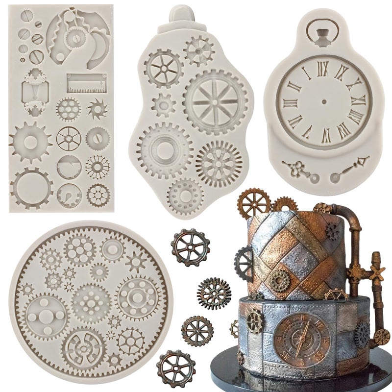 Sijiangmold Steampunk Gear Fondant Molds Cogs Mold Clock Wheel Mold For Steampunk Travel Themed Cake Decorating Cupcake Topper Candy Chocolate Gum Paste Set Of 4