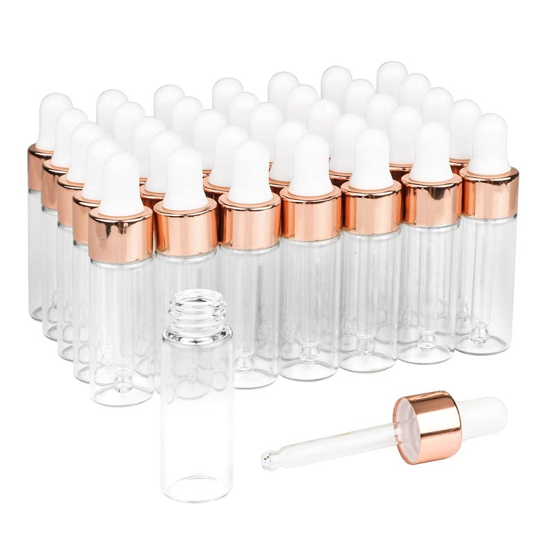 USRommaner 35 Pack5ml Clear Sample Essential Oil DropperEmpty Glass Dropper Vials With RoseGold CapGlass Pipette Liquid Travel Perfume Liquid Holder ContainerPipetteFunnelincluded