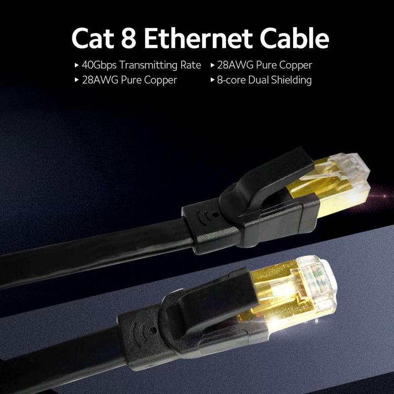 Cat 8 Ethernet Cable Flat Internet Network Cable 28AWG Oxygen-free Copper 40Gbps High Speed 2000Mhz Bandwidth, Black 3m - Image 2