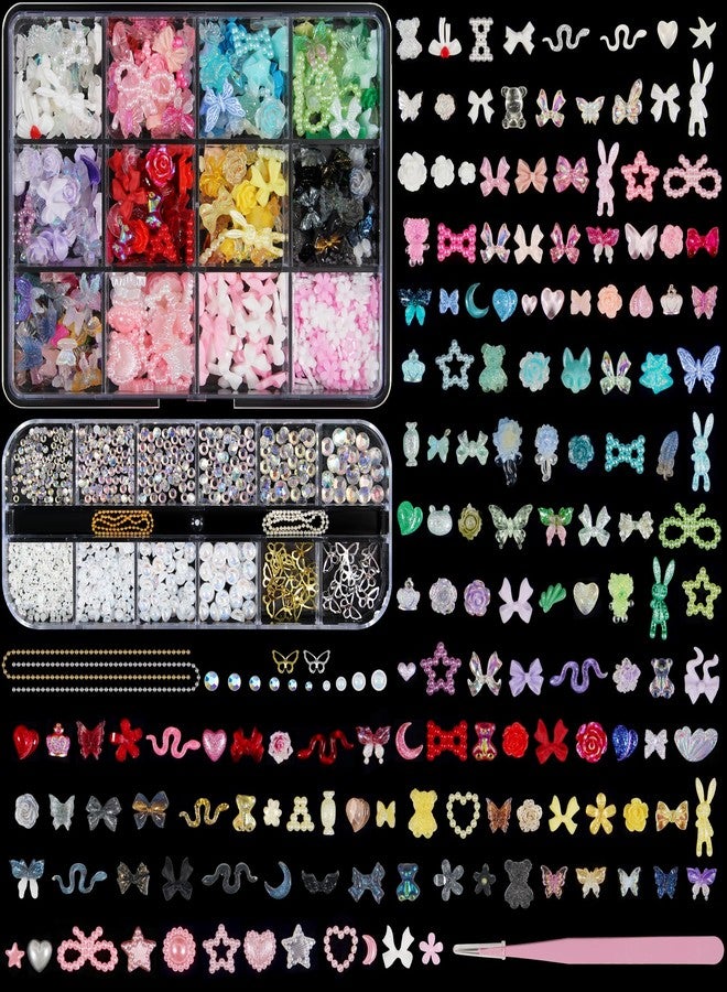Artdone Nail Art Studs Kit, 2 boxes Multicolor 3D Charms Flower Butterfly Snake Rabbit Diamond Cute Nail Jewels for DIY Decoration with Pickup Tools - Image 1