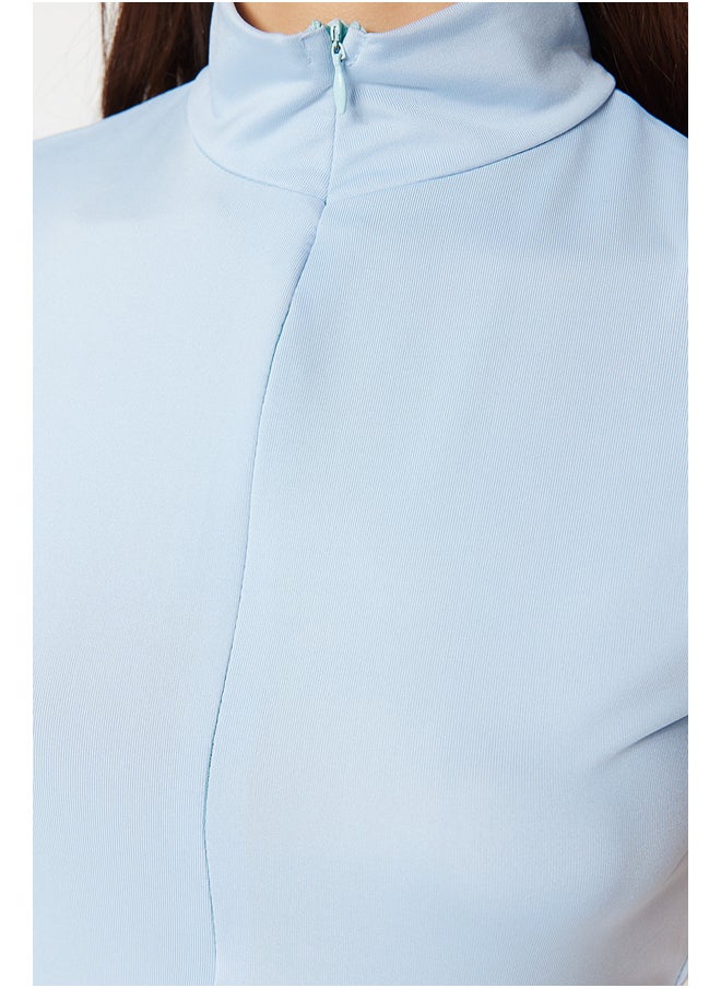 trendyol Blue Zipper Standing Collar Zippered Short Sleeves, Flexible Knitted Bodysuit TWOAW21BD0009  - Image 5