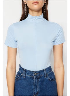 trendyol Blue Zipper Standing Collar Zippered Short Sleeves, Flexible Knitted Bodysuit TWOAW21BD0009  - Image 4