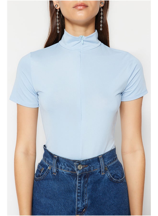trendyol Blue Zipper Standing Collar Zippered Short Sleeves, Flexible Knitted Bodysuit TWOAW21BD0009  - Image 4