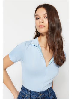 trendyol Blue Zipper Standing Collar Zippered Short Sleeves, Flexible Knitted Bodysuit TWOAW21BD0009  - Image 2