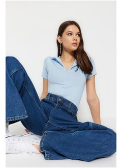 trendyol Blue Zipper Standing Collar Zippered Short Sleeves, Flexible Knitted Bodysuit TWOAW21BD0009  - Image 3