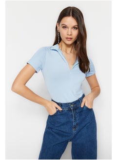 trendyol Blue Zipper Standing Collar Zippered Short Sleeves, Flexible Knitted Bodysuit TWOAW21BD0009  - Image 1