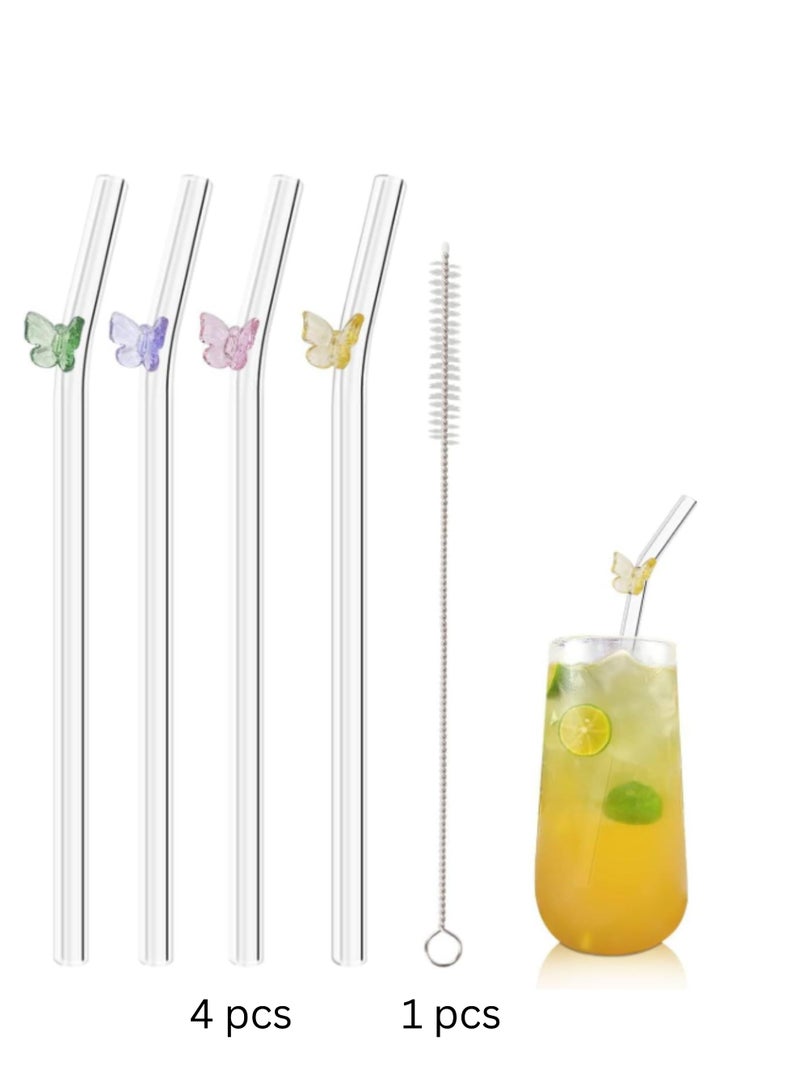 THE ARTFUL BLEND 4-Piece Reusable Glass Drinking Straws – Colorful Butterfly Design on Clear 7.9 in × 8 mm Shatter-Resistant Bent Straws with 1 Cleaning Brush for Shakes, Juices, Smoothies & Cocktails - Image 1