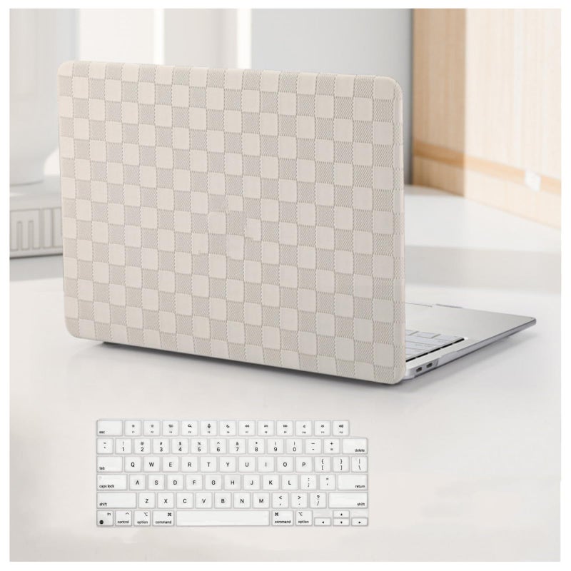 BYCeKe for MacBook Air 15 inch Case 2023-2026 M5 M4 A3241 M3 A3114 M2 A2941, Checkered Textured Cream Leather Hard Shell Cases No Logo Cutout& Keyboard Cover for Mac Air 15 Laptop, Beige Checkerboard - Image 1