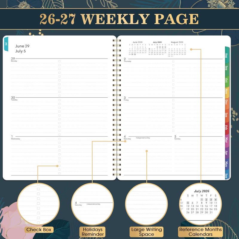 Indeme Planner 2026-2027 - Academic Planner 2026-2027, July 2026 - June 2027, Weekly & Monthly Planner, 8'' x 10", Calendar Planner, Colorful Monthly Tabs, Twin-wire Binding, Back Pocket, Holidays - Image 4