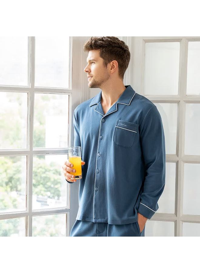 MEIBIAO American Standard Spring And Autumn Pure Cotton Pajamas For Women And Couples, Long Sleeve And Long Pants, 100% Cotton Homewear For Men, Gray Blue, Size L - Image 1