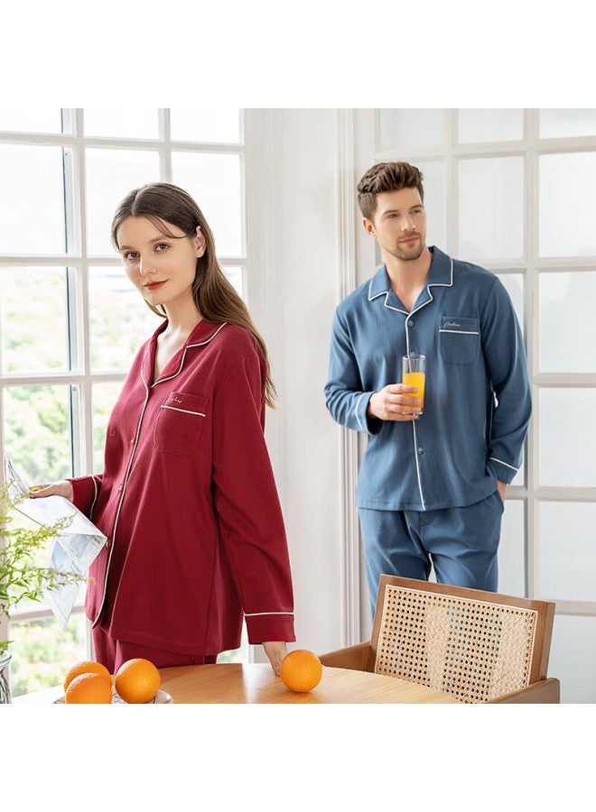 MEIBIAO American Standard Spring And Autumn Pure Cotton Pajamas For Women And Couples, Long Sleeve And Long Pants, 100% Cotton Homewear For Men, Gray Blue, Size L - Image 4