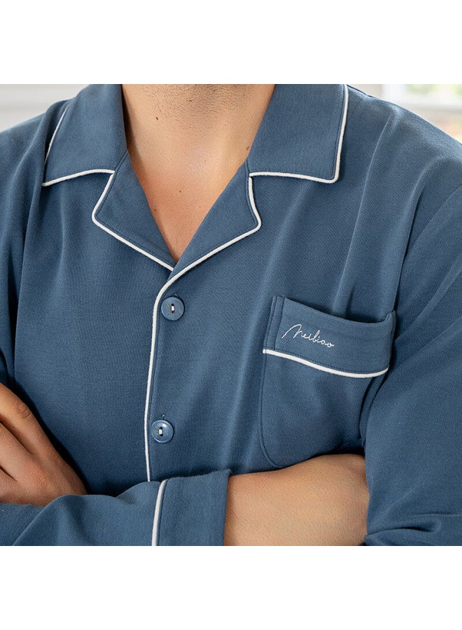 MEIBIAO American Standard Spring And Autumn Pure Cotton Pajamas For Women And Couples, Long Sleeve And Long Pants, 100% Cotton Homewear For Men, Gray Blue, Size L - Image 3