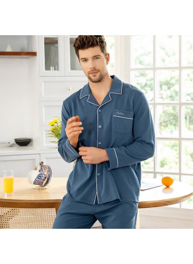 MEIBIAO American Standard Spring And Autumn Pure Cotton Pajamas For Women And Couples, Long Sleeve And Long Pants, 100% Cotton Homewear For Men, Gray Blue, Size L - Image 2